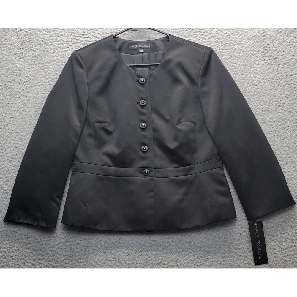 Nipon Boutique Peplum Blazer Jacket Womens 8 Black‎ V-Neck Single Button Front